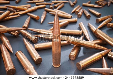 This image showcases a wide array of metallic rifle bullets, meticulously scattered with a single bullet prominently standing upright on a sleek dark backdrop.