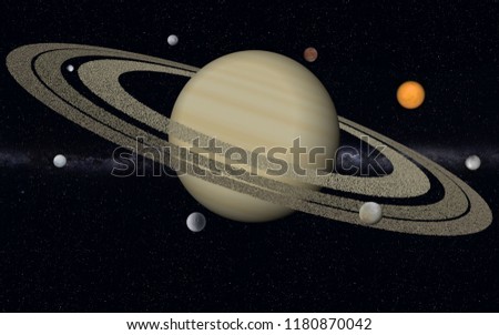 This image shows 3d rendering saturn with her biggest moons