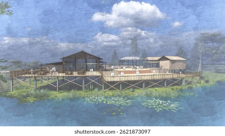 This image shows an architectural rendering of several buildings connected by an elevated wooden walkway over a body of water with lily pads. The buildings feature a mix of materials, including glass,