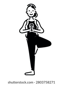 This image shows a black and white vector illustration of a person practicing the tree pose (Vriksasana) in yoga