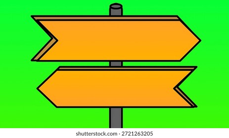 This image shows a blank directional signpost with two empty arrow boards positioned in opposite directions placed on a solid green screen background suitable for chroma key use The simple and minimal design allows easy customization for adding directions messages or graphics during editing The clean composition makes it ideal for navigation concepts decision making visuals wayfinding systems travel themes road guidance presentations video production motion graphics and digital compositing The green background enables fast background removal and seamless integration into various creative projects for both digital and print media