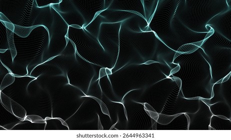 This image shows a dark background with flowing, wavy lines of light blue and white dots, creating a dynamic abstract pattern with