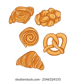 This image shows five types of golden-brown baked goods, including a rose, braided knot, spiral bun, pretzel, and croissant. - Powered by Shutterstock