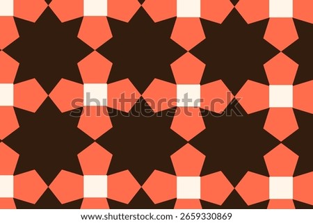 This image shows a geometric pattern with black 8-pointed stars and orange pentagons arranged in a repeating grid, creating an eye-catching contrast and a traditional, tile-like design.