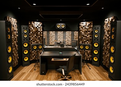 This image shows the interior of a state-of-the-art music production studio, featuring a mix of modern audio equipment, soundproofing panels, and a prominently displayed drum set.