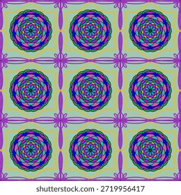 This image shows a repeating geometric pattern of colorful mandala-like flowers inside dark circular rings on a soft green background, creating a calm and decorative visual rhythm.