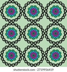 This image shows a repeating geometric pattern of colorful mandala-like flowers inside dark circular rings on a soft green background, creating a calm and decorative visual rhythm.