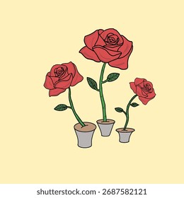 This image shows a simple and elegant illustration of three red rose flowers growing in small flower pots