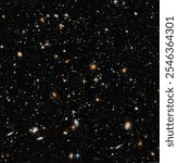 This image shows a vast expanse of deep space, filled with countless galaxies, stars, and celestial objects, each glowing in varied hues of orange, blue, and white against the black cosmic void.