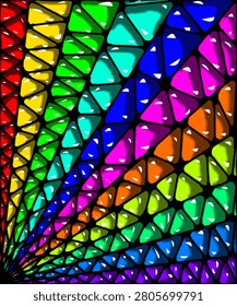 This image is a **vibrant abstract geometric artwork** inspired by the appearance of stained glass. It is composed entirely of glossy triangular shapes arranged in a dramatic perspective, creating the illusion of colorful rays radiating outward from a single vanishing point located in the lower-left corner. Thick black outlines separate each triangle, enhancing the stained-glass effect while providing strong definition and contrast.

The composition features a full spectrum of vivid colors arranged in diagonal bands. Beginning on the left edge, the colors transition from **red** to **yellow**, **bright green**, **turquoise**, **deep blue**, **magenta**, **orange**, **lime green**, **emerald green**, **sky blue**, and finally **purple** near the bottom. This rainbow-like progression creates a harmonious yet energetic visual flow that leads the viewer's eye across the artwork.

Each triangular segment contains smooth gradients and bright white highlights, giving the shapes a glossy, reflective appearance. These highlights simulate light striking polished glass, adding depth and a three-dimensional quality to the otherwise flat geometric forms. The gradual changes in the size of the triangles reinforce the perspective effect, making the pattern appear to stretch into the distance toward the vanishing point.

The bold black framework contrasts sharply with the saturated colors, emphasizing the structure of the design while enhancing its visual impact. The converging lines and repeating triangular elements create a strong sense of movement, rhythm, and spatial depth, giving the composition a dynamic, almost architectural character.

Overall, the image presents a striking fusion of geometric precision, radiant color, and stained-glass-inspired aesthetics, resulting in a modern and visually captivating abstract composition that conveys energy, creativity, and pers