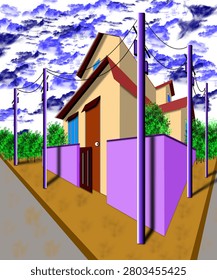 This image is a vibrant digital illustration of a modern residential house viewed from a low-angle perspective, giving the building a tall and prominent appearance. The house has cream-colored exterior walls with deep red sloping roofs, creating a striking contrast. Large blue-tinted windows and a brown front door add bold accents to the warm color palette. The property is enclosed by a bright purple boundary wall with a matching gate, which stands out as a distinctive design feature.

The house is surrounded by lush green trees and shrubs that add a sense of freshness and natural beauty to the scene. Multiple purple utility poles line both sides of the road, connected by black overhead electrical wires that stretch across the composition, creating depth and perspective. The ground is depicted in earthy brown tones, while gray roads run along the sides of the property.

Above, the sky is filled with dramatic blue and white clouds painted in a textured, artistic style, giving the illustration a dynamic and imaginative atmosphere. Strong shading and perspective effects on the walls, poles, and roof enhance the three-dimensional appearance of the artwork. 