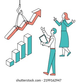 This is an infographic of a bar graph representing increased sales and illustrations of male and female figures.
