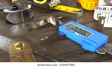 This intricate set includes a digital caliper along with other precision instruments and measuring tools arranged on a wooden surface, perfect for detailed woodworking and construction projects.