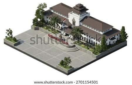 This is an isometric 3D render of Gedung Sate, the government building and prominent landmark in Bandung, West Java, Indonesia.
