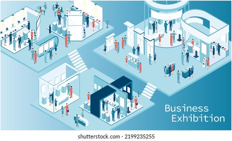 This Is An Isometric Illustration Of A Business Exhibition Event Filled With Many Visitors.