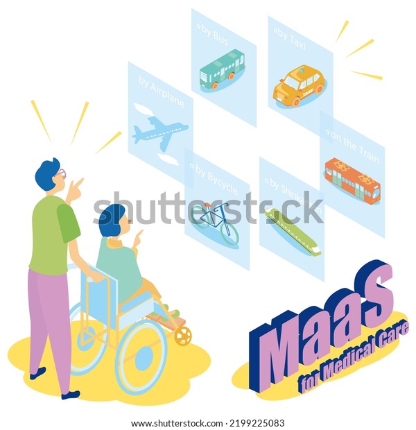 This is an isometric illustration of\
Mobility as a Service (MaaS) in health and\
welfare.