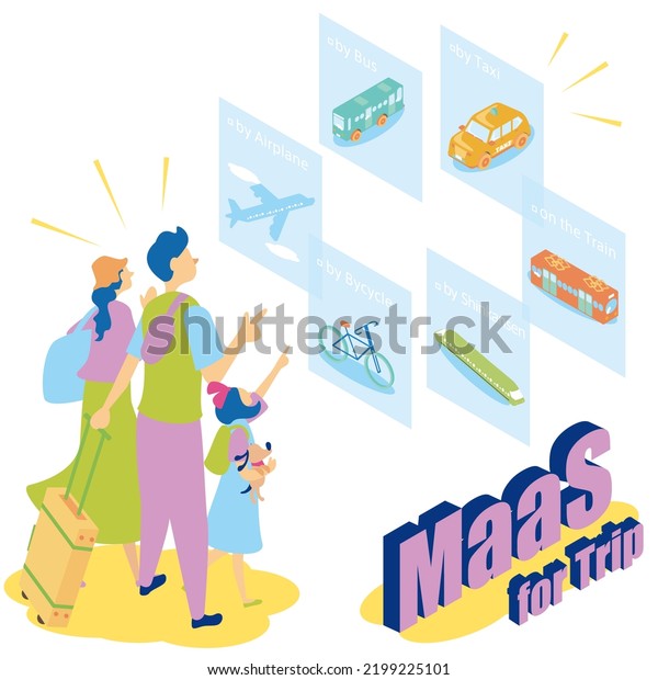 This is an isometric illustration of\
Mobility as a Service (MaaS) in a travel\
destination.