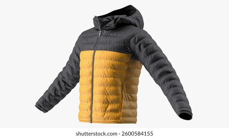 This jacket features a quilted design and comes with a convenient attached hoodie, perfect for keeping warm during cold weather.