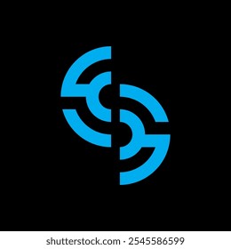 This is a logo design of an abstract letter S in blue of two connected half round shapes in blue color on a black background for technology companies - Powered by Shutterstock