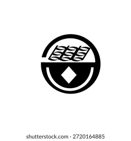 This logo  features a minimalist circular emblem in black and white. It contains a stylized grid or wave pattern in the top half and a diamond shape centered in the bottom half.