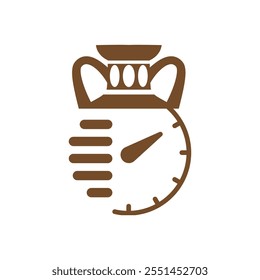 This is a logo that depicts fusion design between a vase and a watch or clock or timer or stopwatch in brown color for pottery class logo - Powered by Shutterstock