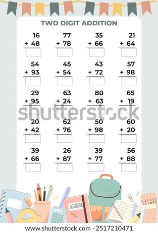 This math worksheet is designed to reinforce students' understanding of two-digit addition. It provides a variety of exercises to help students practice and improve their fluency in adding numbers.