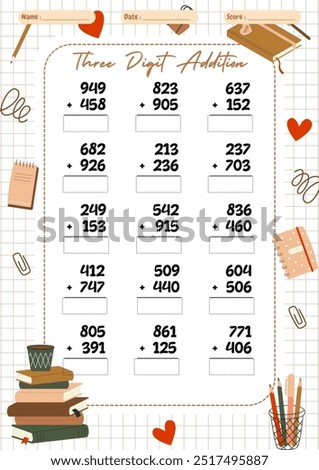 This math worksheet is designed to reinforce students' understanding of three-digit addition. It provides a variety of exercises to help students practice and improve their fluency in adding numbers.