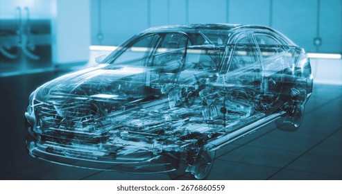 This mesmerizing display features a transparent vehicle, allowing a stunning view of its internal components, showcasing craftsmanship and engineering marvels in a futuristic environment.