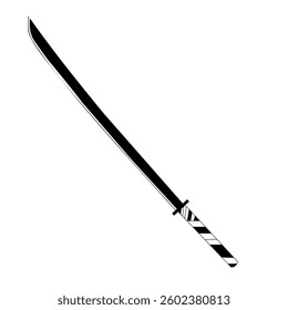This is a minimalist black and white illustration of a katana, a traditional Japanese sword. The blade is long, slightly curved, and single-edged, rendered in solid black with clean lines emphasizing 