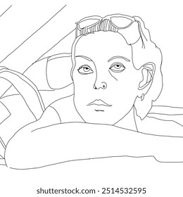 This minimalist black and white line drawing depicts a woman resting her arm on the window of a car, wearing sunglasses on her head and an expression of contemplation. The simple yet expressive lines  - Powered by Shutterstock