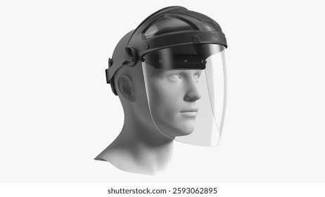 This model features a detailed protective face shield with an adjustable headband, ideal for industrial or personal safety use.