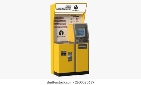 This model features a postal kiosk designed for stamps and package shipping with an interactive interface.