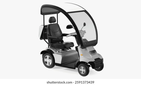 This model features a sturdy four-wheel mobility scooter equipped with a comfortable seat and protective canopy. Ideal for leisurely outdoor travel.