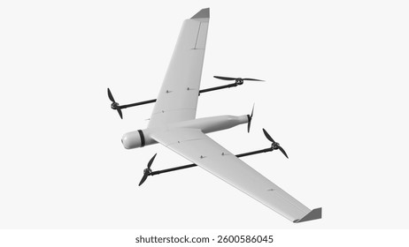 This model features a unique combination of quadcopter rotors and fixed wing structure, ideal for advanced aerial applications and simulations.