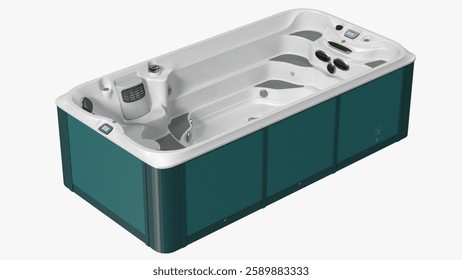 This model represents a luxury spa hot tub featuring modern integrated controls and ergonomic seating for relaxation.