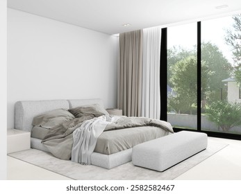 This modern bedroom features a low-profile upholstered bed, neutral tones, soft bedding, and floor-to-ceiling windows, creating a bright, cozy, and elegant space with natural light