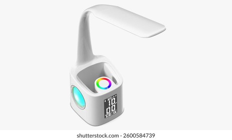 This modern desk accessory features a sleek design, a digital clock display, and built-in speaker functionality, perfect for enhancing your workspace.