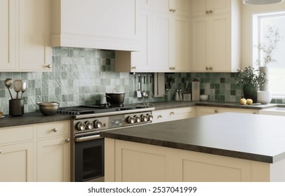 This modern kitchen features elegant cabinets, a green tile backsplash, and plenty of natural light throughout. 3D Illustration
