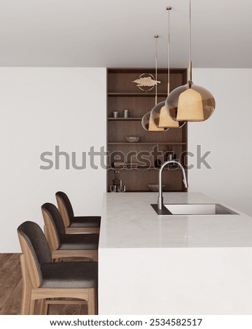 This modern kitchen features a sleek island and chic decor, creating a vibrant atmosphere for cooking and gatherings. 3D Illustration