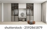 This modern wardrobe features a sleek, minimalist design with glass doors, neutral tones, and organized storage. A built-in vanity with a mirror adds functionality and elegance