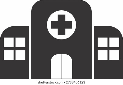 This monochromatic, flat-design vector depicts a symmetrical, tripartite hospital building featuring a tall central block with a circular medical cross emblem and an arched doorway, flanked by two shorter side wings each containing a white four-pane window, all rendered with clean geometric lines and softened rounded corners.
