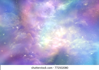 This must be what the Heavens Above looks like  -  Multi-coloured ethereal cosmic sky scape with fluffy clouds, stars, planets, nebulas, and bright light depicting Heaven
