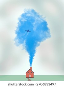 This is a negative space 3-d illustration with chimney smoke appearing as a opening in the clouds that reveals blue sky and an airliner passing overhead.