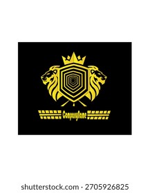 This opulent logo features two facing gold lion heads framing a hexagonal, geometric shield, topped by a stylized crown, with the 