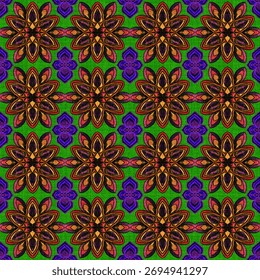 This pattern features a harmonious combination of vivid colors and detailed symmetry, forming intricate floral mandala shapes. The design includes interlocking petals in warm orange and red tones acce