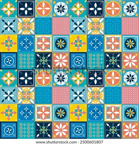 This pattern is full of details. Made digitally, each tile has unique shapes, each element was placed with great love to together have an exclusive art. If you like tiles in colorful tones.