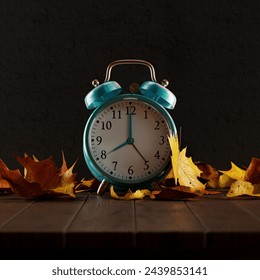 This photo captures a vibrant turquoise vintage alarm clock amidst scattered maple leaves on a wood table, reflecting the beauty of fall and the essence of time passing. - Powered by Shutterstock