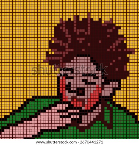 This pixel art features a stylized portrait of a person with voluminous dark brown hair, wearing a green shirt against a bright yellow background. The figure’s expression is emphasized with red cheeks
