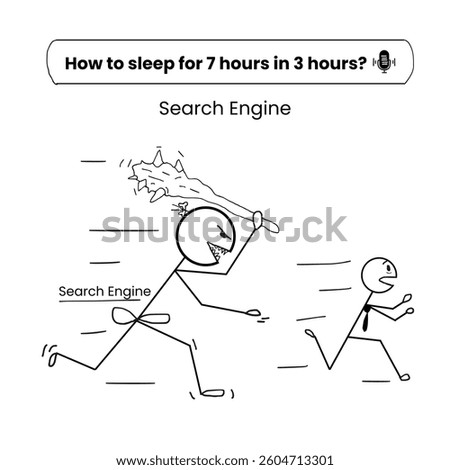 This is a pixel design illustrating a devilish search engine chasing a user, symbolizing the absurdity of over-reliance on search queries like "how to sleep 7 hours in 2 hours."