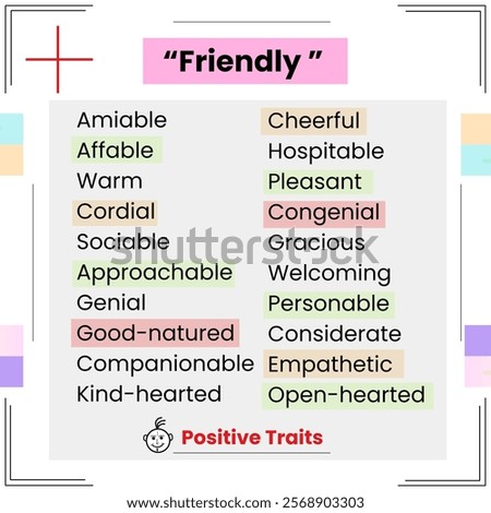 This is a pixel design illustrating various words that are similar to the word friendly, highlighting warmth and sociability.